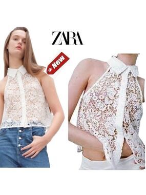 Zara white lace sleeveless halter top button front blouse Sz L NWT